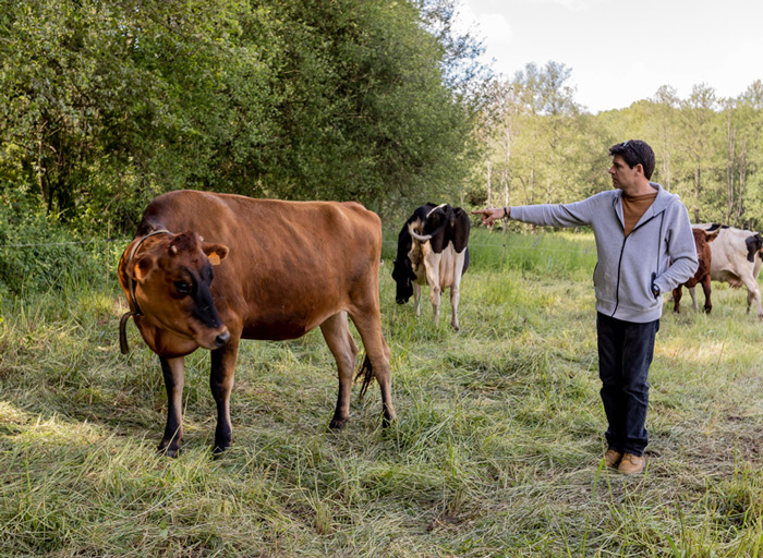 Roger señalando a una vaca